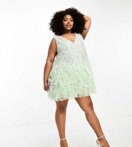 Curve - Robe courte ornée de strass et perles avec ourlet à plumes synthétiques - sauge - Asos Edition - Modalova