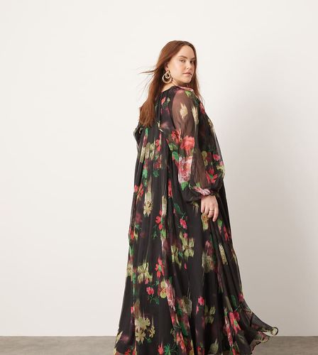 Curve - Robe longue en mousseline imprimé fleuri avec manches volumineuses - Noir - Asos Edition - Modalova