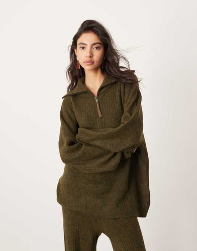 Pull oversize d'ensemble en maille côtelée à col zippé - Kaki - Asos Edition - Modalova