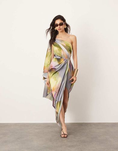 Robe longue asymétrique en satin à imprimé fleuri flouté avec manches évasées et taille froncée - Asos Edition - Modalova