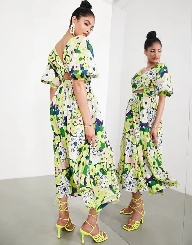 Robe portefeuille mi-longue en lin avec manches blousantes - Imprimé fleuri - Asos Edition - Modalova