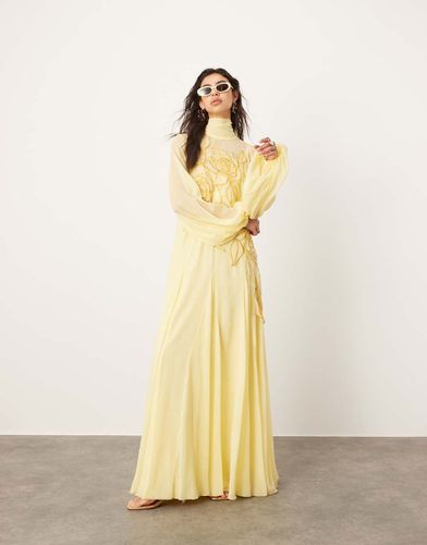 Robe trapèze longue à appliqués fleuries avec manches blousantes et col noué - Jaune doux - Asos Edition - Modalova