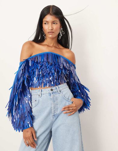 Top ornementé avec manches oversize et sequins frangés - Bleu - Asos Edition - Modalova