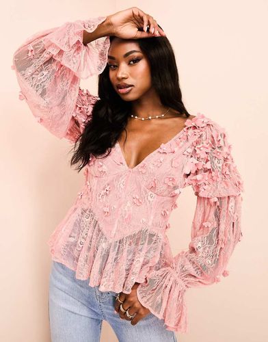 Top manches longues en tulle orné de perles et de fleurs en velours - Asos Luxe - Modalova