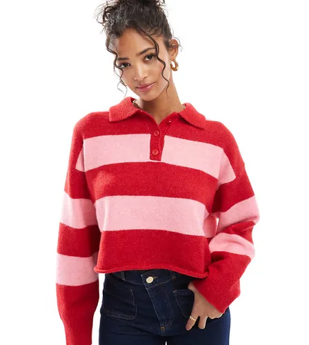 Pull rayé en maille texturée à col polo - Rouge et - Bershka - Modalova