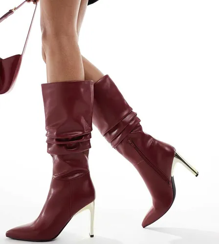 Bottes froncées hauteur genou à talon doré - Bordeaux - Glamorous Wide Fit - Modalova