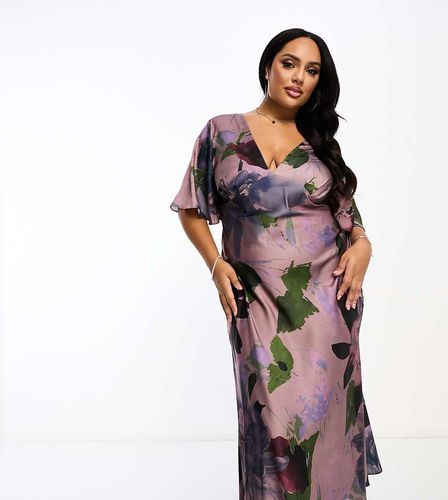 Exclusivité ASOS DESIGN Curve - Robe mi-longue en satin à manches évasées et imprimé floral - Lilas - Asos Curve - Modalova