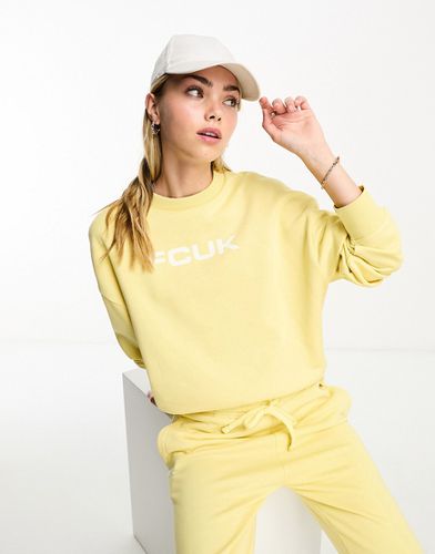 FCUK - Sweat ras de cou d'ensemble à logo blanc - Citron - French Connection - Modalova
