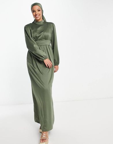 Robe longue en satin à manches bouffantes - Kaki - Flounce London - Modalova