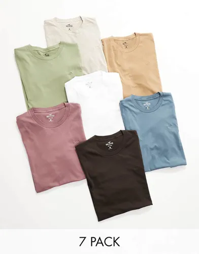 Lot de 7 t-shirts avec logo emblématique - Blanc, noir, gris, bleu, vert, violet et fauve - Hollister - Modalova