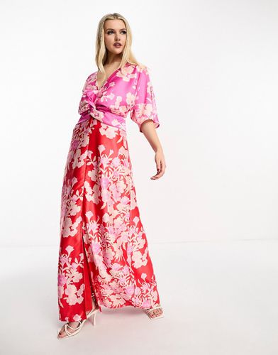 Robe longue à manches kimono et imprimé fleuri contrastant - Rose/rouge - Hope & Ivy - Modalova
