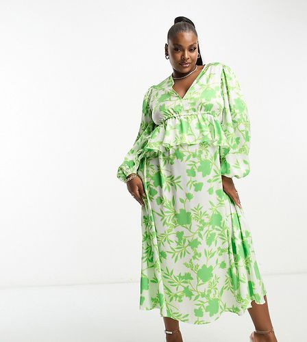 Exclusivité - Robe mi-longue à imprimé fleuri avec taille volantée et col en V - Vert - In The Style Plus - Modalova