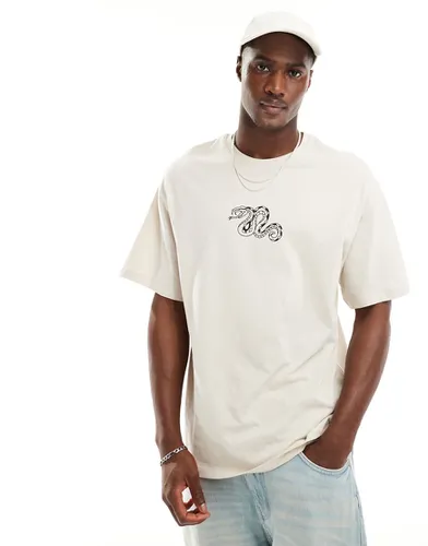 T-shirt oversize avec imprimé serpent à l'avant - Beige - Jack & Jones - Modalova