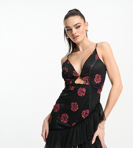 Exclusivité - Robe courte en tulle à découpe en caur avec roses en paillettes - Lace & Beads - Modalova