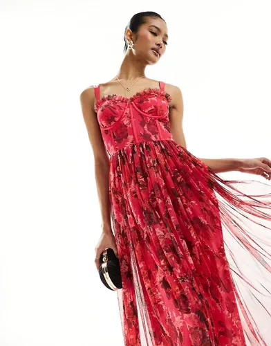 Robe mi-longue style corset en tulle à imprimé fleuri - et rouge - Lace & Beads - Modalova