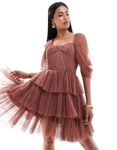 Robe courte en tulle avec épaules dénudées et détail corset - Marron rose - Lace & Beads - Modalova