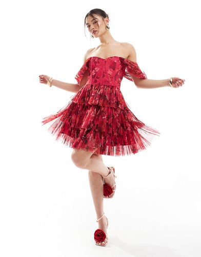 Robe courte style corset à encolure Bardot en tulle à fleurs - Rose et - Lace & Beads - Modalova