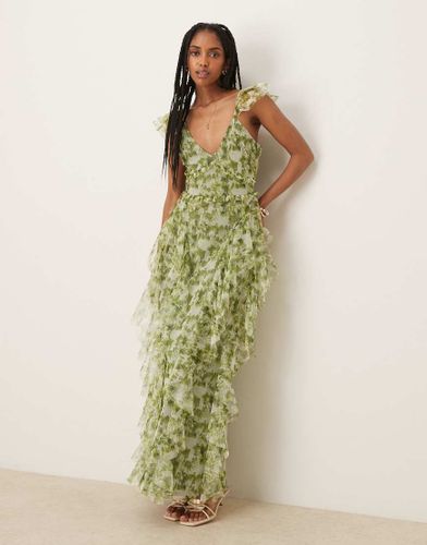 Robe volante longueur mollet en tulle imprim fleuri - Olive - Lace & Beads - Modalova