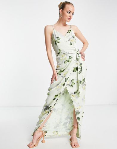 Robe portefeuille satinée courte à fleurs avec ceinture - Vert pastel - Liquorish - Modalova