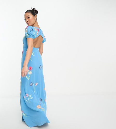 Petite - Robe longue brodée à manches bouffantes - Bleu - Maya - Modalova