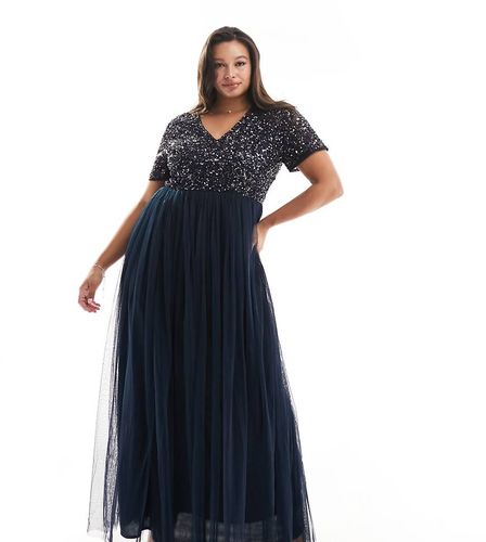Robe longue en tulle pour demoiselle d'honneur avec sequins délicats ton sur ton et manches courtes - Bleu taupe - Maya Plus - Modalova