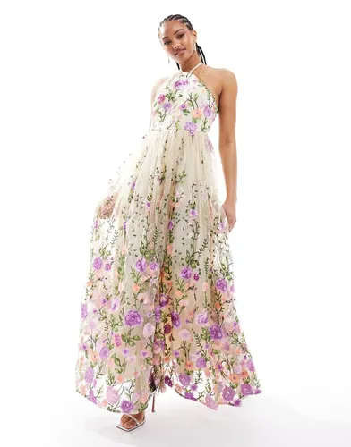 Robe longue de bal de promo à broderies et dos nu - Multicolore - Maya - Modalova