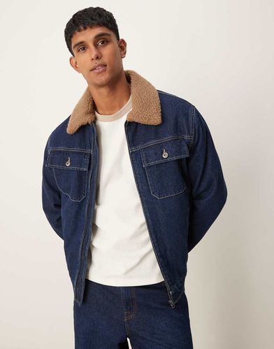 Veste en jean zippée effet chemise avec col en imitation peau de mouton - Denim foncé - Mango - Modalova