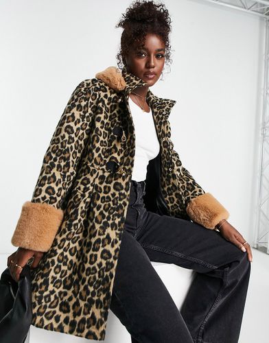 Duffle-coat coupe trapèze à imprimé léopard avec fausse fourrure - Miss Selfridge - Modalova