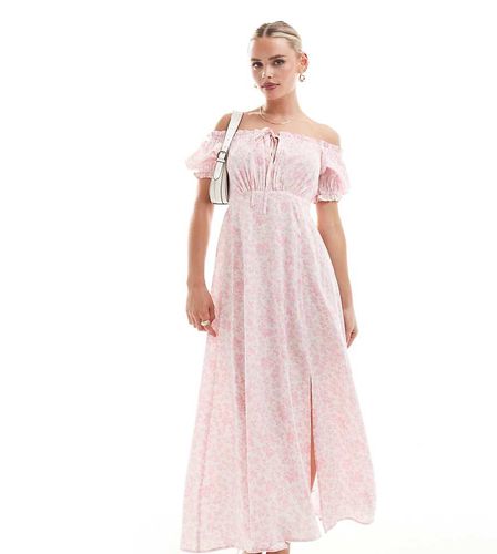 Robe longue à fleurs avec encolure Bardot et manches bouffantes - Rose - Miss Selfridge Petite - Modalova