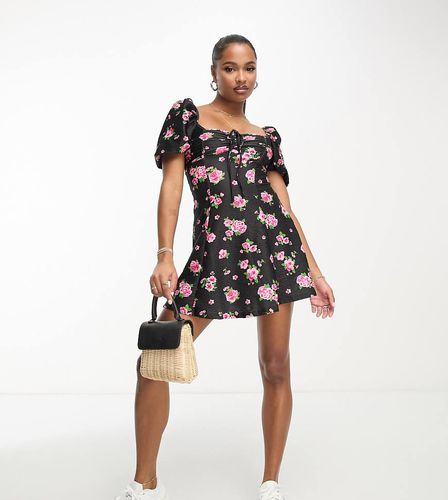 Petite - Robe rétro à manches bouffantes et imprimé roses - Noir - Miss Selfridge - Modalova