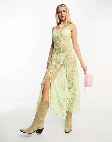 Robe mi-longue style festival en dentelle transparente avec bretelles fines - citron - Miss Selfridge - Modalova