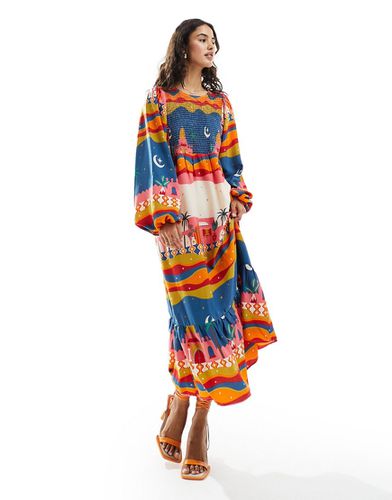 Robe longueur mollet avec ourlet volanté à imprimé paradis - Never Fully Dressed - Modalova