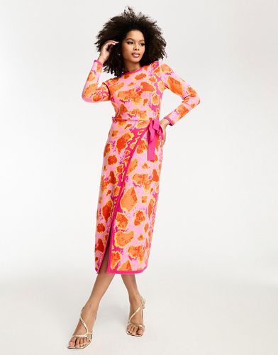 Robe portefeuille mi-longue en maille - Imprimé léopard rose et orange - Never Fully Dressed - Modalova