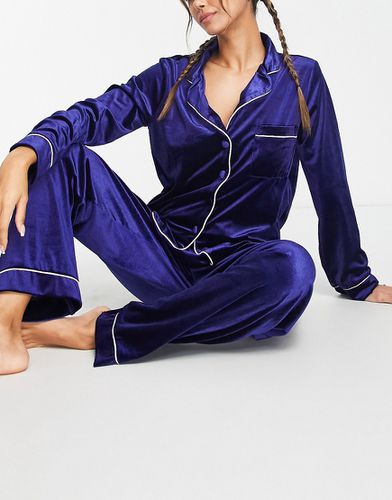 Ensemble de pyjama long en velours avec liserés contrastants - Bleu saphir - Night - Modalova