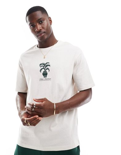 T-shirt oversize avec imprimé plante au centre - Crème - Selected Homme - Modalova