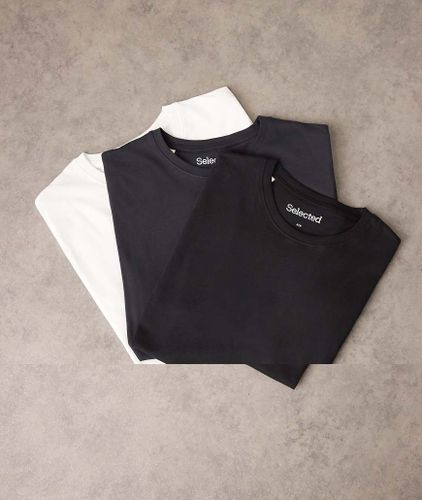 Lot de 3 t-shirts classiques 100 % coton - Noir, blanc et bleu marine - Selected - Modalova
