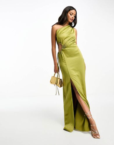 Robe asymétrique longueur mollet satinée avec découpe - Olive - Style Cheat - Modalova