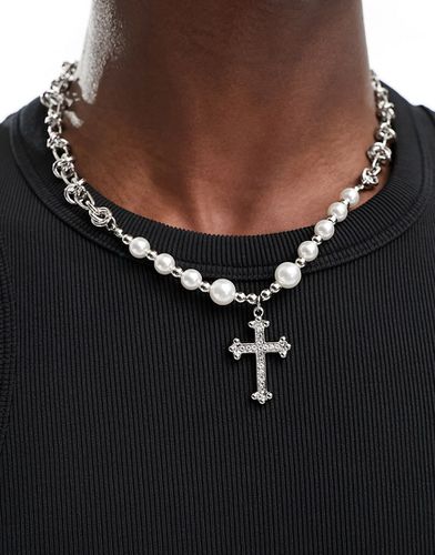 Collier chaîne avec perles et pendant croix - Argenté - Svnx - Modalova