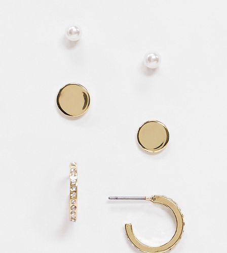 Ensemble de trois paires de boucles d'oreilles à clous et petits anneaux - Plaqué or - Pilgrim - Modalova