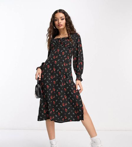 Robe mi-longue froncée à encolure carrée - fleuri - Qed London Petite - Modalova