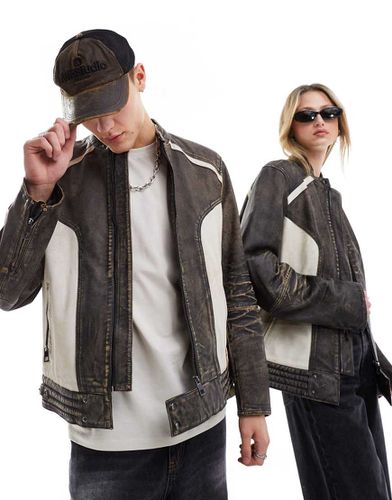 Blouson unisexe style motard en cuir véritable - dévalé et écru - Reclaimed Vintage - Modalova