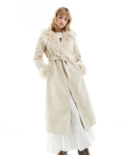 Trench-coat long en imitation cuir avec col amovible en fausse fourrure - Taupe - Reclaimed Vintage - Modalova