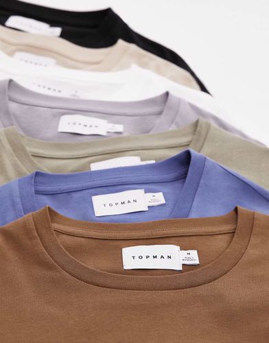 Lot de 7 t-shirts classiques - Noir, blanc, gris, taupe, bleu, marron et kaki - Topman - Modalova