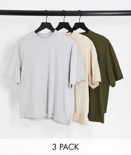 Lot de 3 t-shirts oversize - Kaki, taupe et gris clair - Topman - Modalova