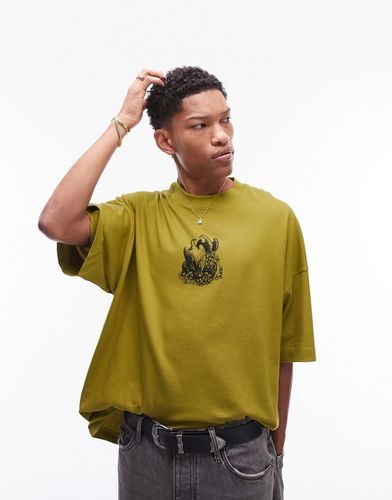 Premium - T-shirt ultra oversize avec imprimé nid de colombes à l'avant et au dos - Olive - Topman - Modalova