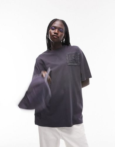 T-shirt oversize avec empiècement superposé en crochet - Anthracite - Topshop - Modalova