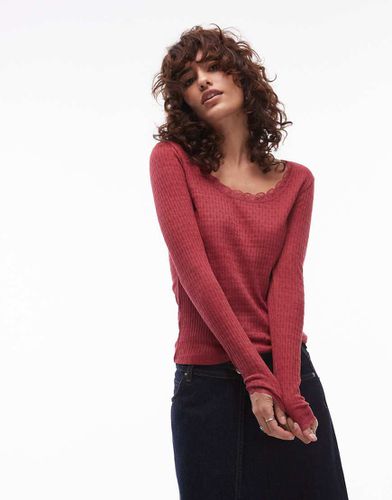 Top manches longues en maille pointelle et dentelle - Bordeaux - Topshop - Modalova