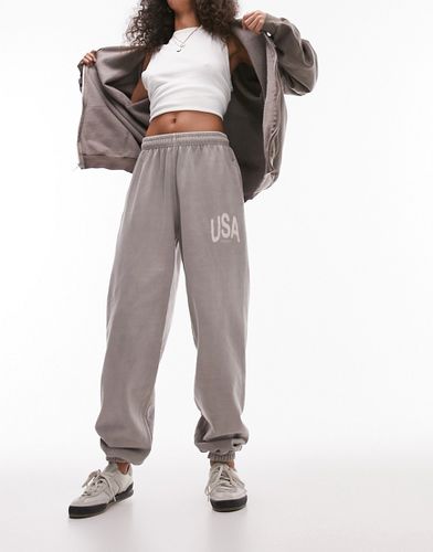 Pantalon de jogging oversize d'ensemble à imprimé USA flou - Taupe vintage délavé - Topshop - Modalova