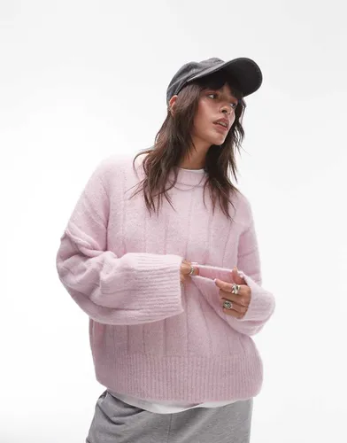 Pull oversize ras de cou en maille duveteuse côtelée - Lilas - Topshop - Modalova