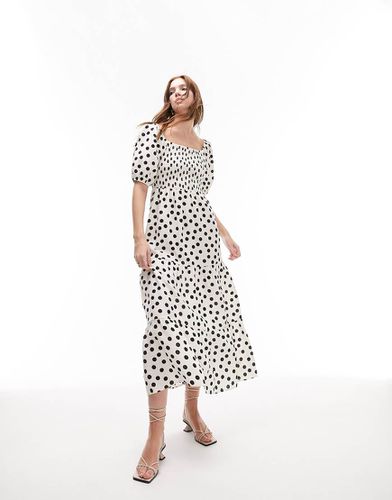 Robe mi-longue froncée à pois - Noir et blanc - Topshop - Modalova